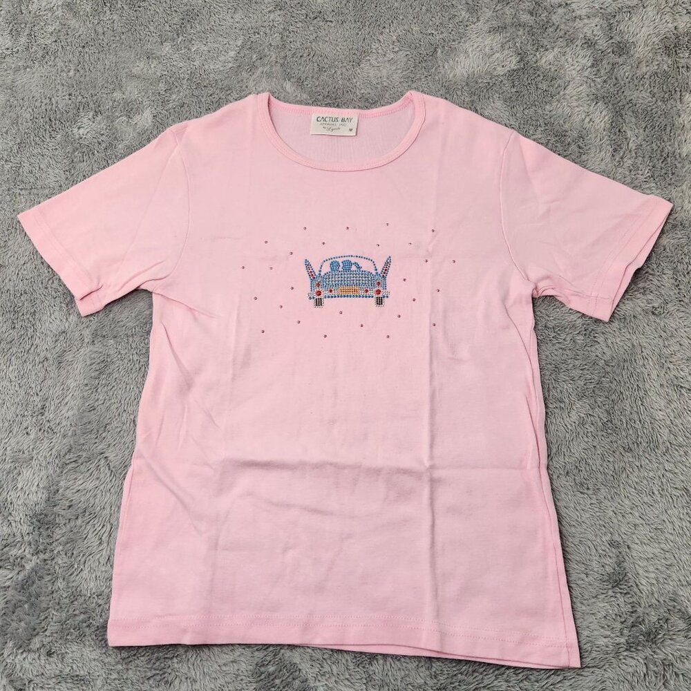 Cactus Bay Tee Womens Size M Pink Cotton with Rhinestone Convertible Car Design‎